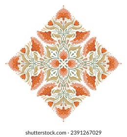Folk art card with symmetrical kaleidoscope orange flowers and stems and foliage. Vector decorative illustration of floral composition in rhombus isolated from background.