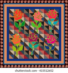 Folk art carpet. Stylized pattern of American Indians of Pre-Columbian era. Geometric print with Peruvian and Aztec motifs.