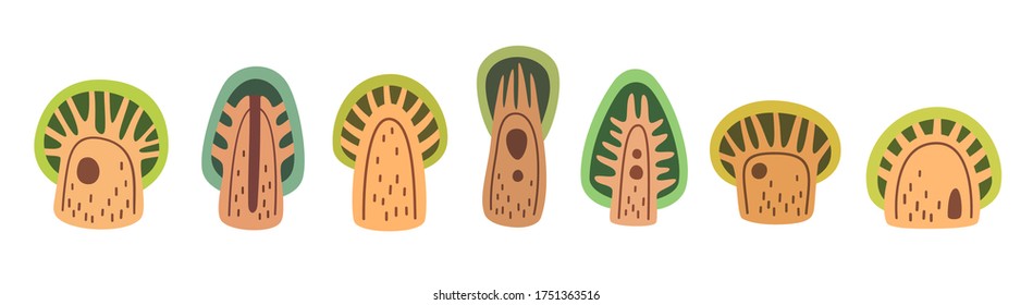 Folk art cartoon trees icon collection, flat vector stock illustration. Forest plant sticker set, clip art for childrens book or card, print for home decoration..