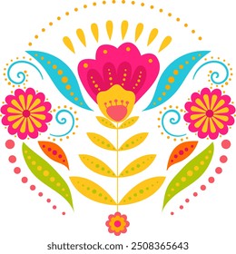 Folk art childish style vector flower composition. Use for banner, poster, invitation, greeting card, textile design