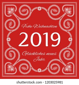 Folk art christmas card vector template. Frohe Weihnachten und Gluckliches neues Jahr 2019 - Merry Christmas and Happy New Year 2019 in german