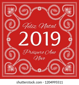 Folk art christmas card vector template. Feliz Natal & Prospero Ano Novo 2019 - Merry Christmas and Happy New Year in portuguese language 