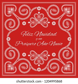 Folk art Christmas card vector template. Feliz Navidad y un Prospero Ano Nuevo - Merry Christmas and Happy New Year in spanish