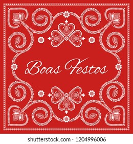 Folk art christmas card vector template. Boas Festos – Happy Holidays in Portuguese language