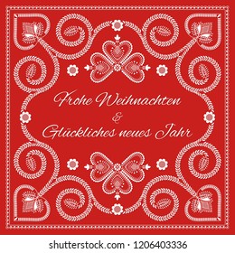 Folk art Christmas card vector template. Frohe Weihnachten und Gluckliches neues Jahr 2019 - Merry Christmas and Happy New Year in German language