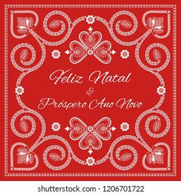 Folk art Christmas card vector template. Feliz Natal & Prospero Ano Novo - Merry Christmas and Happy New Year in Portuguese language