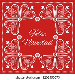 Folk art Christmas card vector template. Feliz Navidad - Merry Christmas in Spanish. Holiday red background with ornaments. Season design illustration for banner, greeting, party invitation, poster.