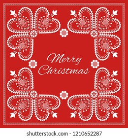 Folk art Christmas card vector template. Holiday red background with ornaments. Season retro design illustration for web banner, greeting, party invitation, poster.