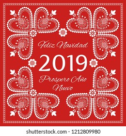 Folk art Christmas card vector template. Feliz Navidad & Prospero Ano Nuevo 2019 - Merry Christmas and Happy New Year in Spanish. Holiday red background with ornaments. Season design illustration.