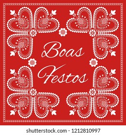 Folk art Christmas card vector template. Boas Festos – Happy Holidays in Portuguese. Season red background with ornament. Retro design illustration for web banner, greeting, party invitation, poster.