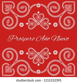 Folk art Christmas card vector template. Prospero Ano Nuevo - Happy New Year in Spanish. Holiday red background with season ornaments design.