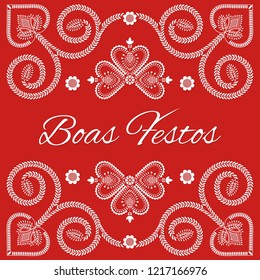 Folk art Christmas card vector template. Boas Festos – Happy Holidays in Portuguese language. Season red background with ornaments design.