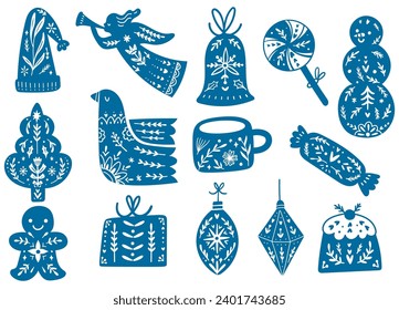 Folk Art Christmas Clipart Set - Hand-Drawn Scandinavian Holiday Elements for Seasonal Design and Crafting