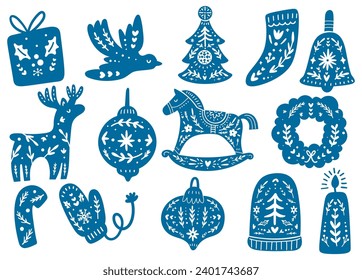 Folk Art Christmas Clipart Set - Hand-Drawn Scandinavian Holiday Elements for Seasonal Design and Crafting