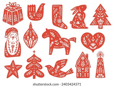 Folk Art Christmas Clipart Set - Hand-Drawn Scandinavian Holiday Elements for Seasonal Design and Crafting