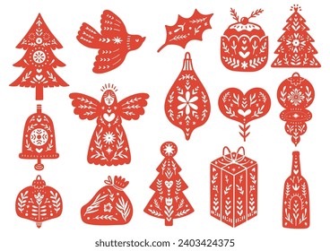 Folk Art Christmas Clipart Set - Hand-Drawn Scandinavian Holiday Elements for Seasonal Design and Crafting