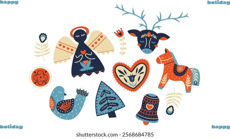 Folk Art Christmas Illustration with Angel, Reindeer, and Festive Motifs. Christmas stickers for holiday cards, decorations, and festive design