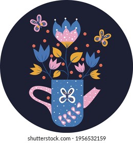 Folk art in a circle, scandinavian folk art vector round pattern with flowers and teapot, floral cards or invitations inspired by traditional embroidery from Sweden, Norway and Denmark on black