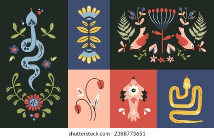 Folk art clip arts and pre-made compositions vector set in Nordic style, hygge illustrations kit. Collection of classic ethnic elements. Scandi folk motifs - birds, flowers, leaves, snake