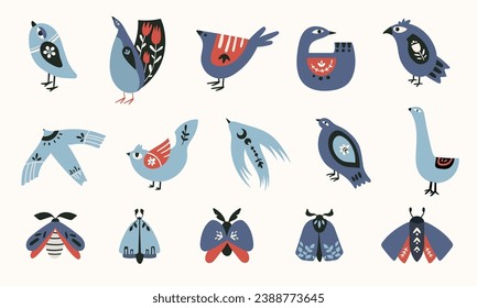 Folk art clip arts vector set in Scandinavian and Nordic style, hygge birds and moth isolated designs. Collection of classic ethnic elements. Funny scandi folk motifs in blue and red colors