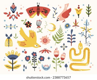 Folk art clip arts vector set in Scandinavian and Nordic style, hygge isolated designs on white. Collection of classic ethnic elements. The scandi folklore motifs - birds, flowers, moth, leaves