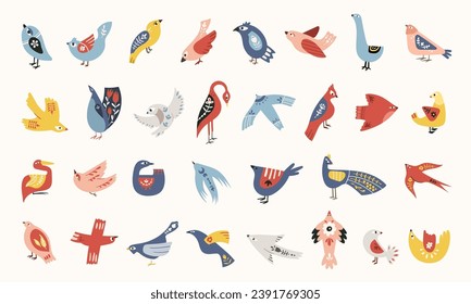 Folk art clip arts vector set in Scandinavian Nordic style, hygge birds and moth isolated designs on white. Collection of classic ethnic elements. Funny scandi folk motifs in blue and red colors