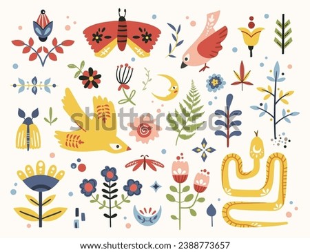 Folk art clip arts vector set in Scandinavian and Nordic style, hygge isolated designs on white. Collection of classic ethnic elements. The scandi folklore motifs - birds, flowers, moth, leaves