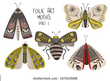 Folk art collection of ornate insects. Set of isolated colorful moths with patterned decorated wings. Part I.