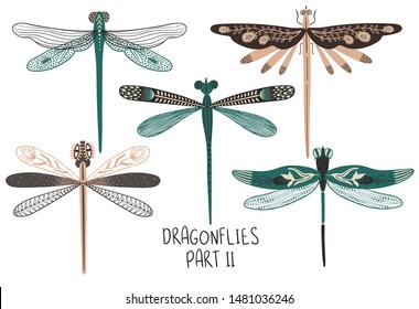Folk art collection of ornate insects. Set of isolated colorful dragonflies with patterned decorated wings. Part II.