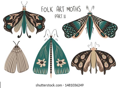 Folk art collection of ornate insects. Set of isolated colorful moths with patterned decorated wings. Part II.