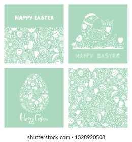 Folk art collection is set of three greeting cards with Easter egg, chicken, flowers  and a seamless pattern in scandinavian style. Happy Easter templates. Vector illustrations.
