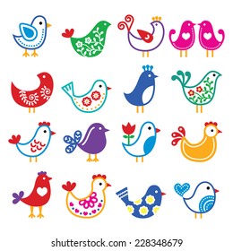 Folk art colorful birds vector icons set  
