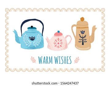 Folk art composition in Scandinavian, Nordic style with hygge teapots and floral elements on the wight background. Hygge vector illustration.