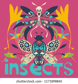 folk art decorative bugs in fun bright colours with stylised flowers