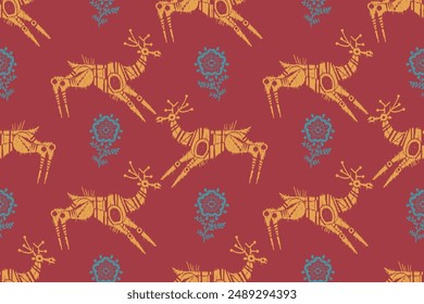 Folk art deer ethnic oriental sarong saree ikat seamless pattern traditional background. vector design for folk art fashion, ikat folk fabric, wallpaper all prints color. carpet,wallpaper,clothing.
