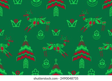Folk art deer ethnic oriental sarong saree ikat seamless pattern traditional background. vector design for folk art fashion, ikat folk fabric, wallpaper all prints color. carpet,wallpaper,clothing.