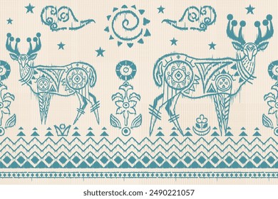 Folk Art Deer Ethnisch Orientalisch Sarong Saree Ikat Nahtlose Muster Traditioneller Hintergrund. Vektorgrafik Design für Volkskunst Mode, Ikat Folk Stoff, Bildschirmhintergrund alle Drucke Farbe. Teppich, Bildschirmhintergrund, Kleidung.