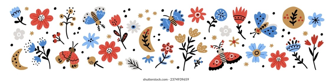 Folk Art design elements collection. Folk flora and fauna vector illustration isolated white background. Hand Drawn Folklore flowers, Floral moths, stars and moons. Scandinavian Traditional Motive 