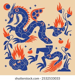 Folk art design with vibrant cultural motifs and stylized animal patterns background Dragon Paper-cut Art