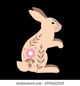 Folk Art Easter Bunny with Floral Patterns. Easter bunny vector illustration in a folk art style, featuring intricate floral ornaments in soft pastel tones. Perfect for greeting cards