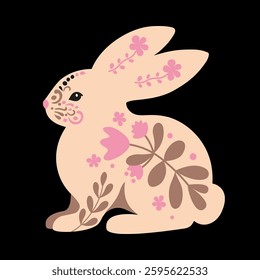 Folk Art Easter Bunny with Floral Patterns. Easter bunny vector illustration in a folk art style, featuring intricate floral ornaments in soft pastel tones. Perfect for greeting cards