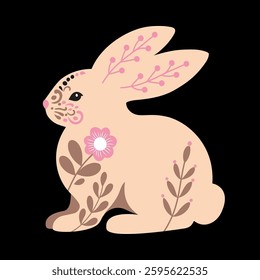 Folk Art Easter Bunny with Floral Patterns. Easter bunny vector illustration in a folk art style, featuring intricate floral ornaments in soft pastel tones. Perfect for greeting cards