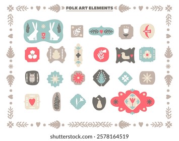 Folk art elements set in frame simple scandinavian retro style drawings decorative pattern design. Old-fashioned folkloric wild nature and flora minimalist ornamental collection vector illustration