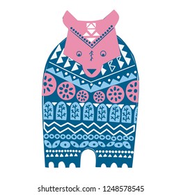 Folk art , ethnic style. Cute winter bear in sweater. Ornamental hand drawn illustration with animal and floral elements.
