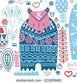 Folk art , ethnic style. Cute winter bear in sweater. Ornamental hand drawn illustration with animal and floral elements.