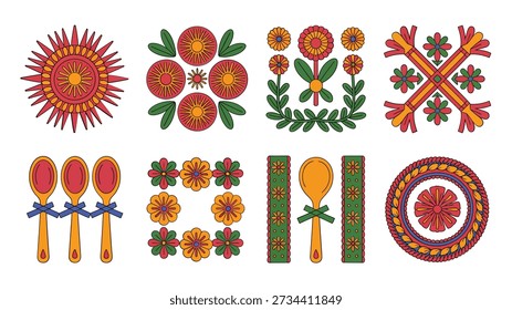 Folk art fiesta elements set, circular floral rosette badges, painted wooden spoons, festival icon pack for invitations, craft fair vector