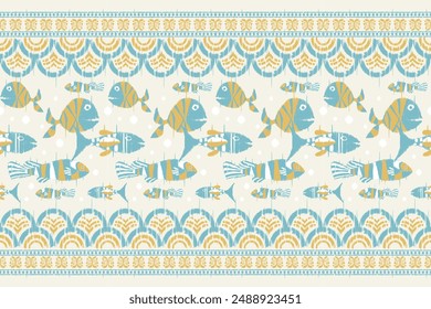 Folk art fish ethnic oriental sarong saree ikat seamless pattern traditional background. vector design for folk art fashion, ikat folk fabric, wallpaper all prints color. carpet,wallpaper,clothing.