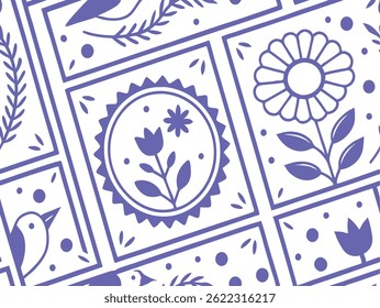Folk Art Floral and Bird Pattern in Purple Blocks. Decorative Nature-Inspired Geometric Tiled Design. Seamless Vector Background for Textile, Wallpaper, and Print Projects.