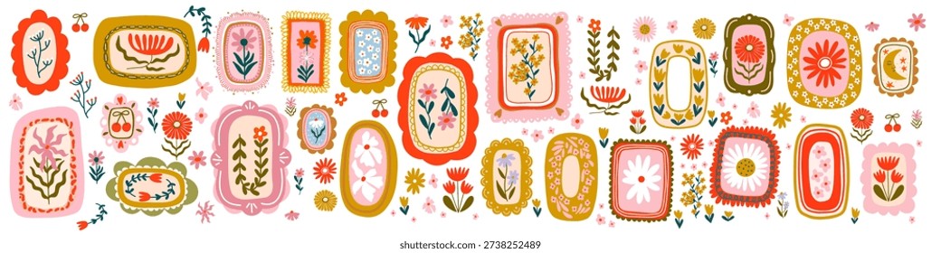 Folk Art Floral Frames and Decorative Botanical Elements
