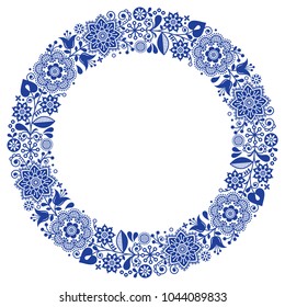 Folk art floral werteth, vector ornamental round frame, Scandinavian design with flowers in circle, ethnic composition.
Retro navy blue background inspired by Swedish and Norwegian traditional embroid